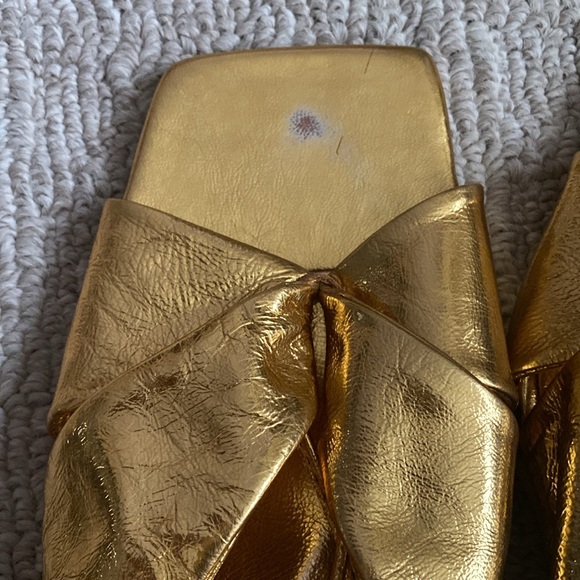 Zara Gold Foil Metallic Leather Ankle Wrap Tie Square Toe Kitten Heel Sandal - Picture 12 of 12